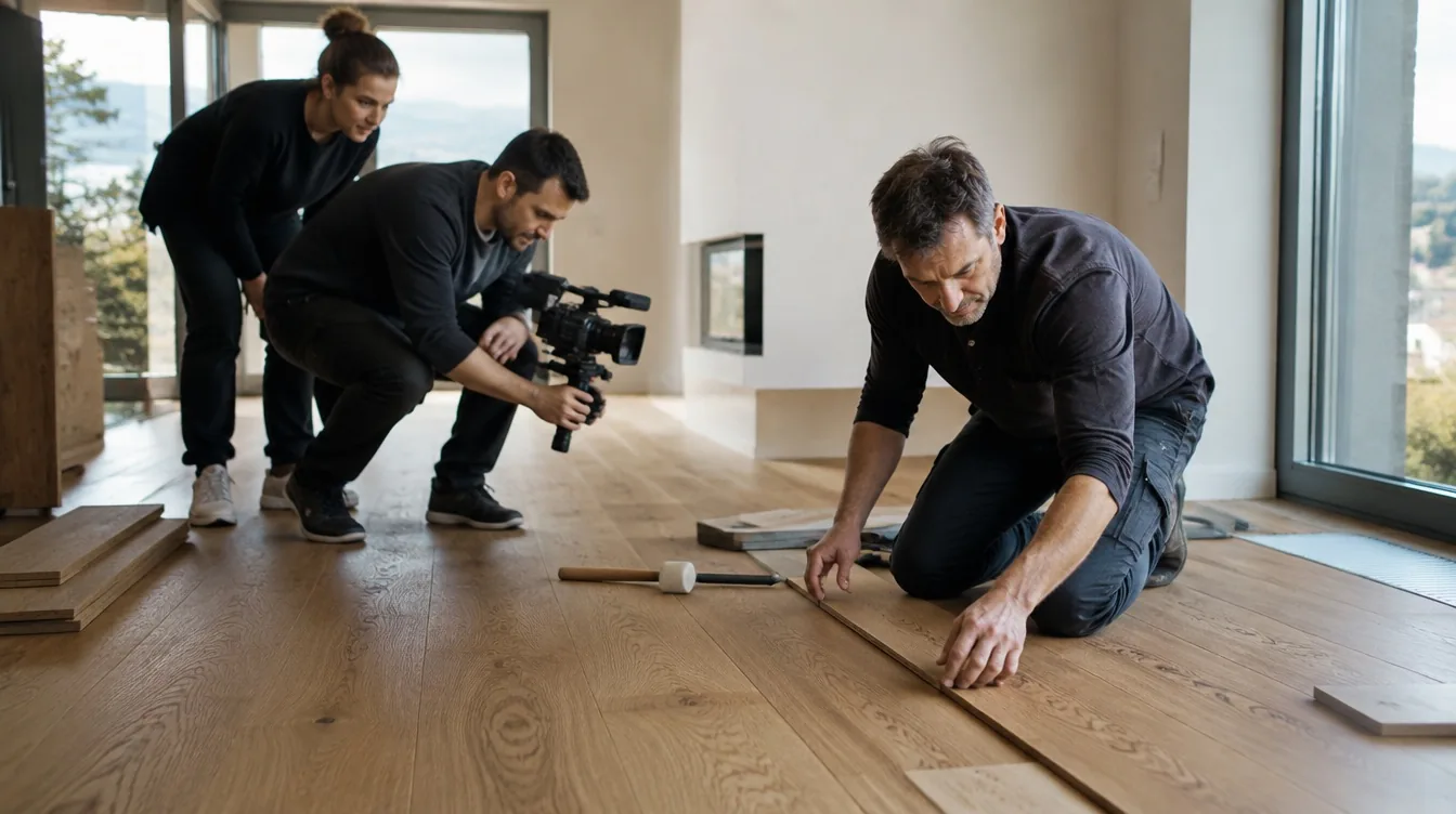 Filmteam begleitet einen Bodenleger bei der Arbeit in einem hochwertigen Innenraum