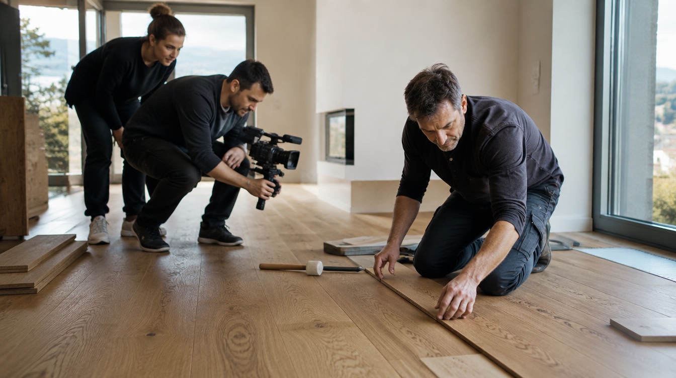 Filmteam begleitet einen Bodenleger bei der Arbeit in einem hochwertigen Innenraum