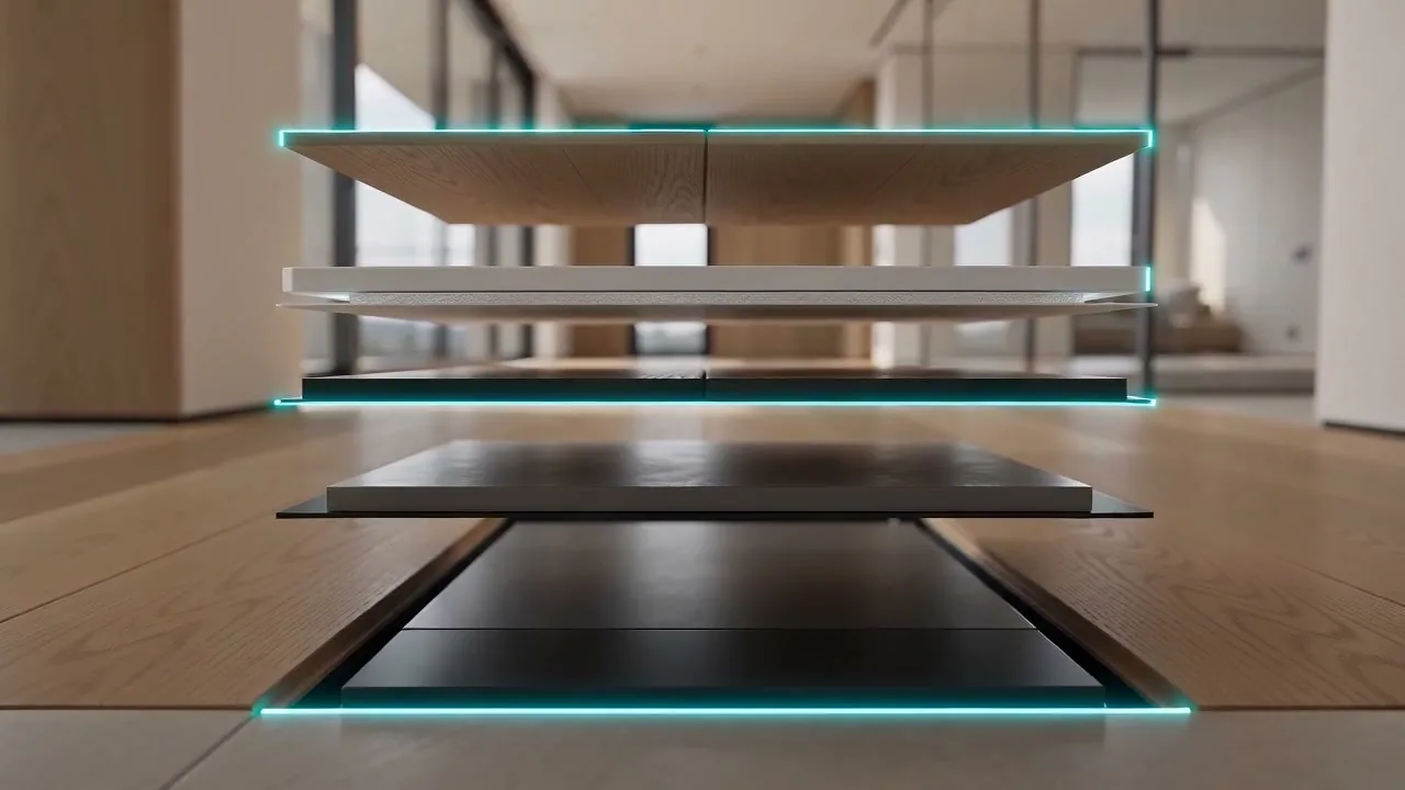 Dreidimensional aufgefächerter Aufbau eines hochwertigen Holzbodens
