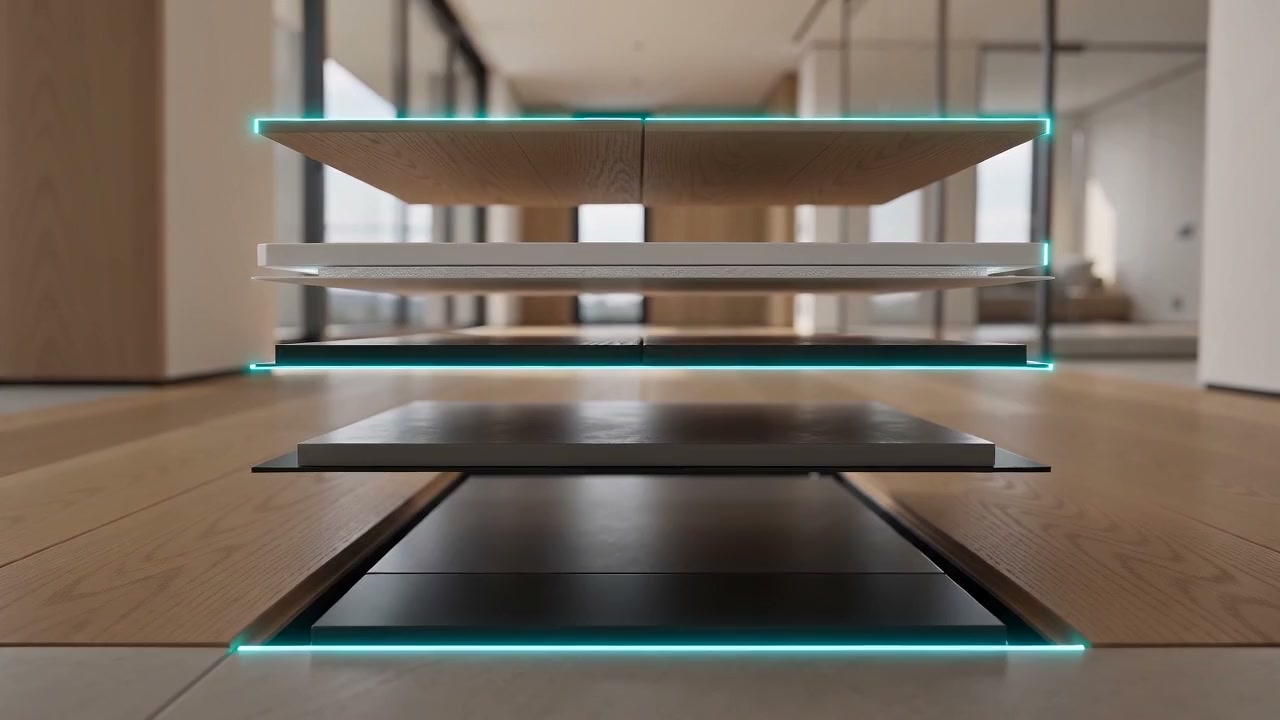 Dreidimensional aufgefächerter Aufbau eines hochwertigen Holzbodens